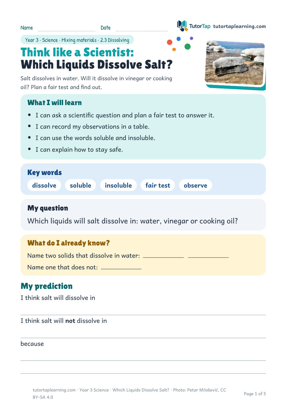 First page of Think like a Scientist: Which Liquids Dissolve Salt?